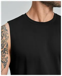 Close-up of black sleeveless sports tank top showing neckline and fabric texture