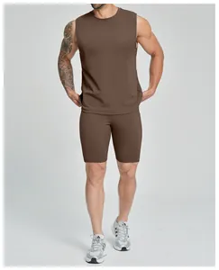 Men's brown sleeveless athletic workout set featuring a breathable gym top and matching shorts
