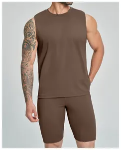 Detail view of a men's brown sleeveless fitness tank top for outdoor sports and yoga sessions