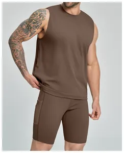 Detailed view of a brown men's sleeveless compression tank top and shorts set for fitness