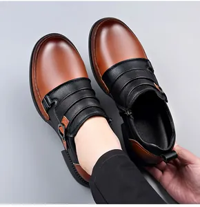 Close-up detail of men's vintage British style leather Martin boots with side zipper