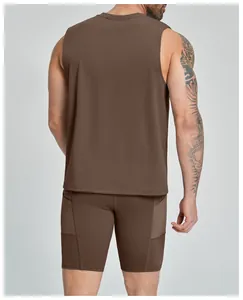 Detailed back view of brown men's sleeveless athletic tank top and matching gym shorts set