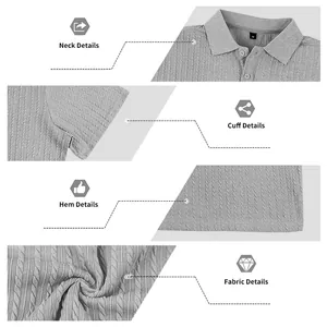 Primer plano detallado del polo gris texturizado con cuello, puño, dobladillo y tela