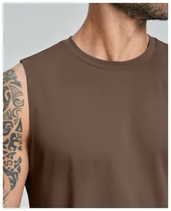 Close-up of brown sleeveless sports tank top featuring crew neck and athletic fabric