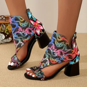 Women Fashion Chunky High Heel Sandals Peep Toe Back Zipper Artificial Suede Rhinestone PVC Floral Print Wedding Party Dress Shoes