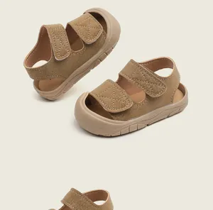 Detailed view of khaki toddler sandals with soft soles and adjustable straps