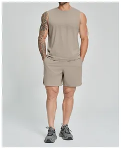 Detailed view of men's sleeveless athletic tank top in khaki for fitness and outdoor gym sports