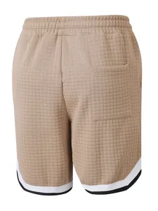 Back view of beige waffle knit sports shorts for men featuring a back pocket detail.