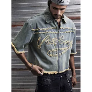 Chemise à manches courtes en denim vieilli pour hommes avec franges et fermeture éclair