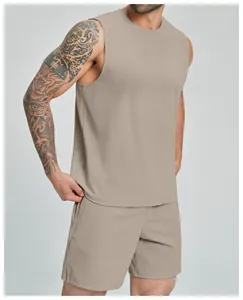 Detailed view of men's sleeveless khaki sports tank top with matching athletic shorts