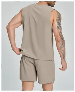 Detailed back view of men's beige athletic sleeveless tank top and matching gym shorts set