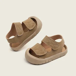 Soft-soled khaki baby sandals for summer toddlers with adjustable velcro straps