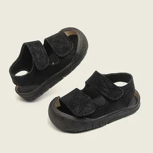 Toddler black soft-sole walking sandals with adjustable velcro straps for summer comfort