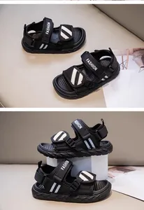 Boys black sporty sandals with non-slip sole and adjustable Velcro straps for summer.