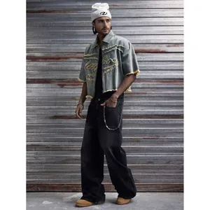 Chemise en jean streetwear pour hommes avec franges jaunes et fermeture éclair industrielle