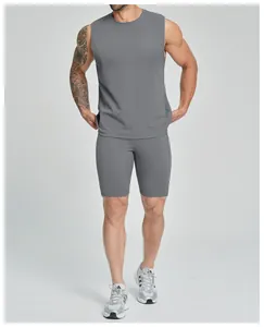 Men's grey sleeveless sports vest and shorts set for gym and outdoor fitness training