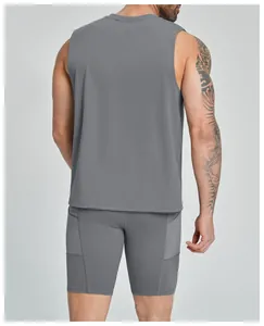 Back view of men's grey sleeveless athletic tank top and matching sports shorts