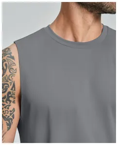 Close-up of gray men's athletic tank top showing the neckline and breathable fabric texture