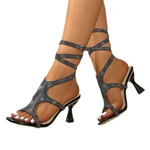 Elegant multi-strap wrap high heel sandals with open toe and textured metallic finish