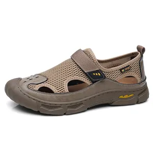 Men's brown mesh outdoor beach sandals with adjustable Velcro strap and non-slip sole