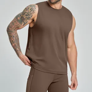 Premium men's brown sleeveless athletic muscle tank top for fitness and tennis