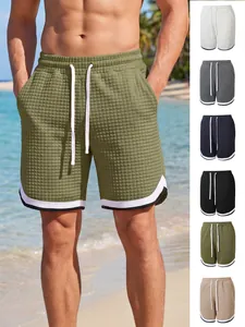 Men's Summer Casual Waffle Texture Shorts Patchwork Contrast Trim Sport Shorts With Drawstring Waist For Vacation Daily