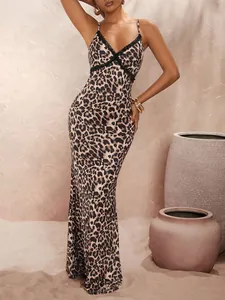 Classic leopard print maxi dress with sexy V-neck spaghetti straps and lace trim detail