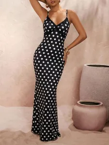 Elegant black and white polka dot spaghetti strap v-neck maxi dress with lace trim