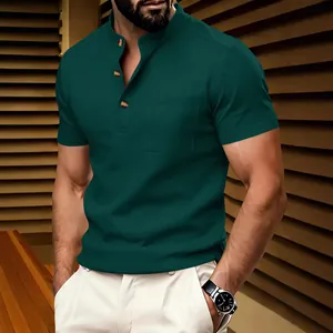 Detail view of men's dark green waffle knit short sleeve Henley shirt with buttons