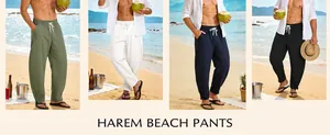 Präsentation von vier Farben für Herrenleinen-Haremshosen für den Strand im Sommer