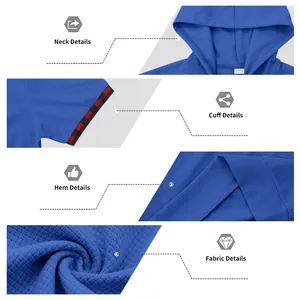 Vue détaillée du sweat à capuche bleu en maille gaufrée montrant les détails du tissu.