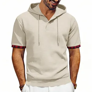 T-shirt décontracté à capuche pour homme en maille gaufrée avec revers à carreaux beige