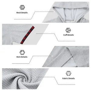 Détails d'un t-shirt à capuche pour homme : col, revers à carreaux et texture du tissu.