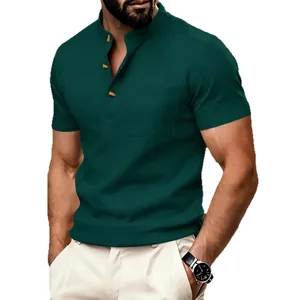 Stylish men's retro waffle knit short sleeve Henley shirt in elegant dark green color