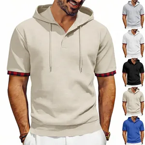 T-Shirt à Capuche Homme en Maille Gauffrée Manches Courtes Haut Sportif Décontracté Avec Poignets à Carreaux Pull Col en V Mode Été