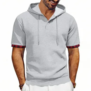 Sweat à capuche décontracté pour hommes à manches courtes et revers écossais gris clair