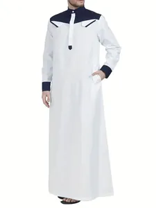 Men Traditional Muslim Thobe Robe Middle Eastern Ethnic Standing Collar Buttoned Contrast Color Block Loose Kaftan Robe