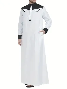 Elegant men's long sleeve Thobe robe with black contrast shoulder panels and collar
