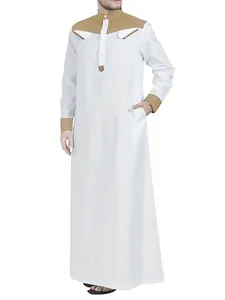 Elegant men's white and khaki patchwork thobe featuring a stand collar and buttoned front