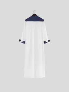 Men's loose color block long robe with stand collar in white and navy blue back view