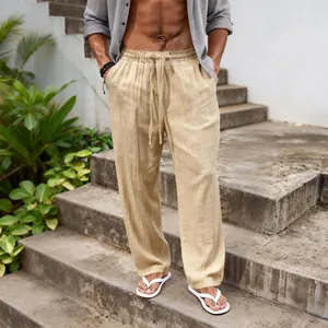 Detailed view of breathable cotton linen loose casual straight-leg pants for men