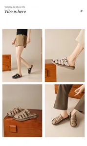 Collage showing retro woven flat sandals for women in black and beige earth tones