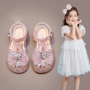 Sparkly Girls Princess Sandals Soft Sole Bow Rhinestone Crystal-Look Summer Party Shoes For Toddler Kids Pink Beige