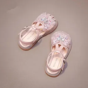 Elegant pink toddler girl princess sandals with sparkling crystal butterfly and soft rubber sole