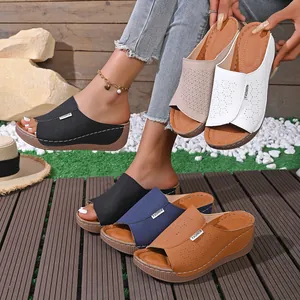 Women's summer platform wedge sandals with laser-cut design and multi-color display