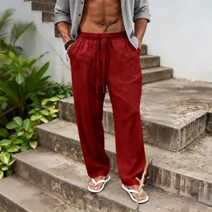 Men's loose red linen cotton pants for summer casual beach wear with drawstring waist