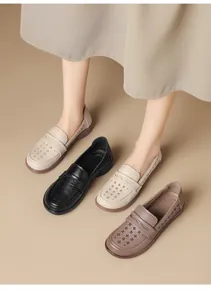 Selection of comfortable soft leather hollow-out loafers in beige, black and brown colors