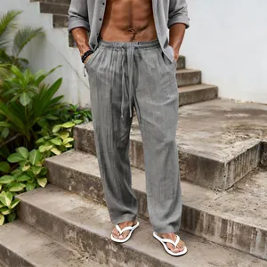 Breathable grey cotton linen men's loose trousers with drawstring waist and straight leg