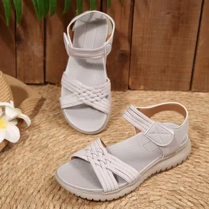 Close-up of breathable woven strap sandals with velcro closure and soft non-slip sole