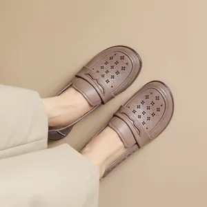 Comfortable soft leather loafers with hollow-out pattern and flat soft sole for women